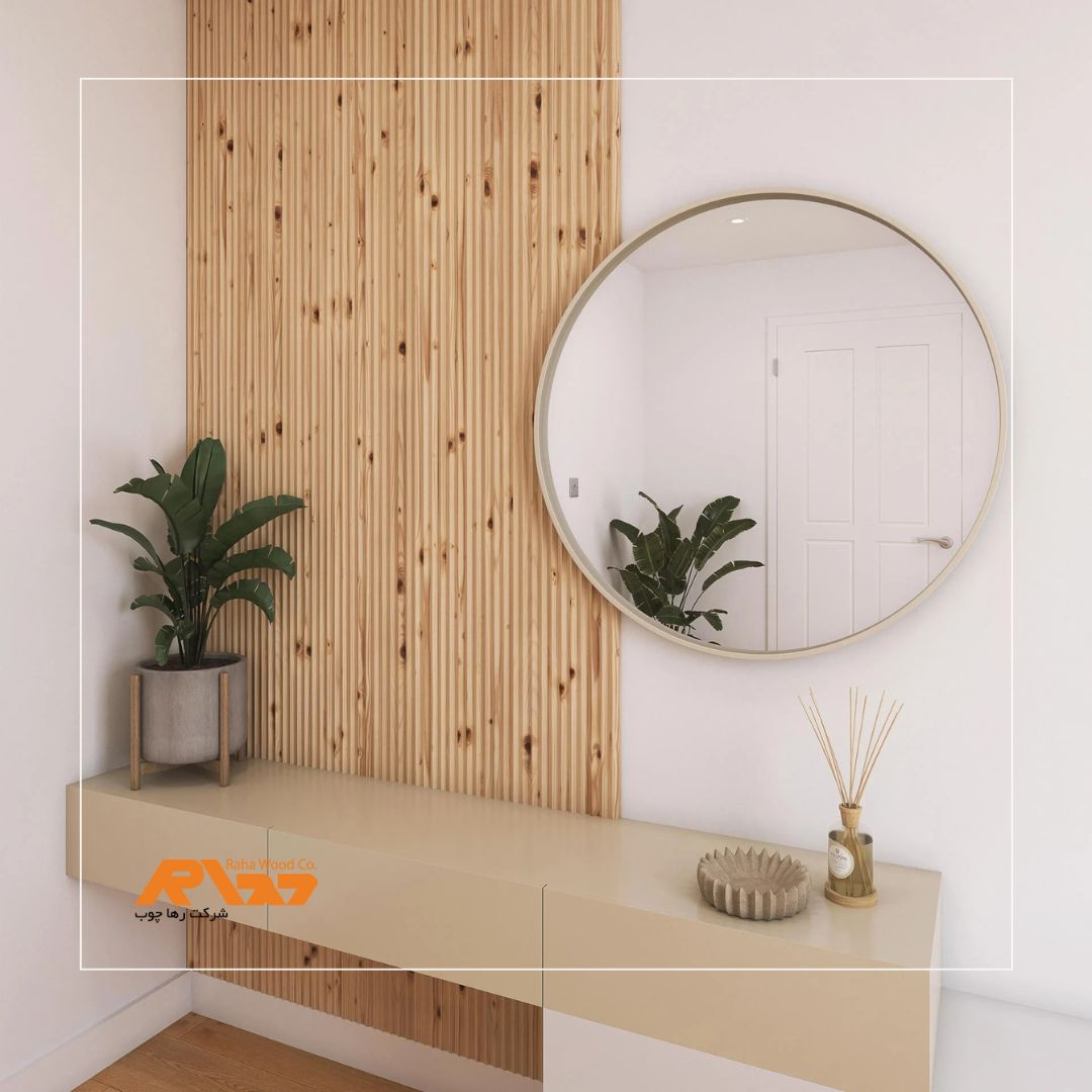 دیوار ورودی خانه با ترکیب ترموود و آینه‌های عمودی